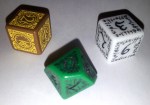 Pictured: Steampunk d6 (left), Elvish d10 (centre), Elvish d6 (right)