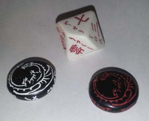 Centre: A d10 using oriental-style calligraphy, with Yes/No markers, below.